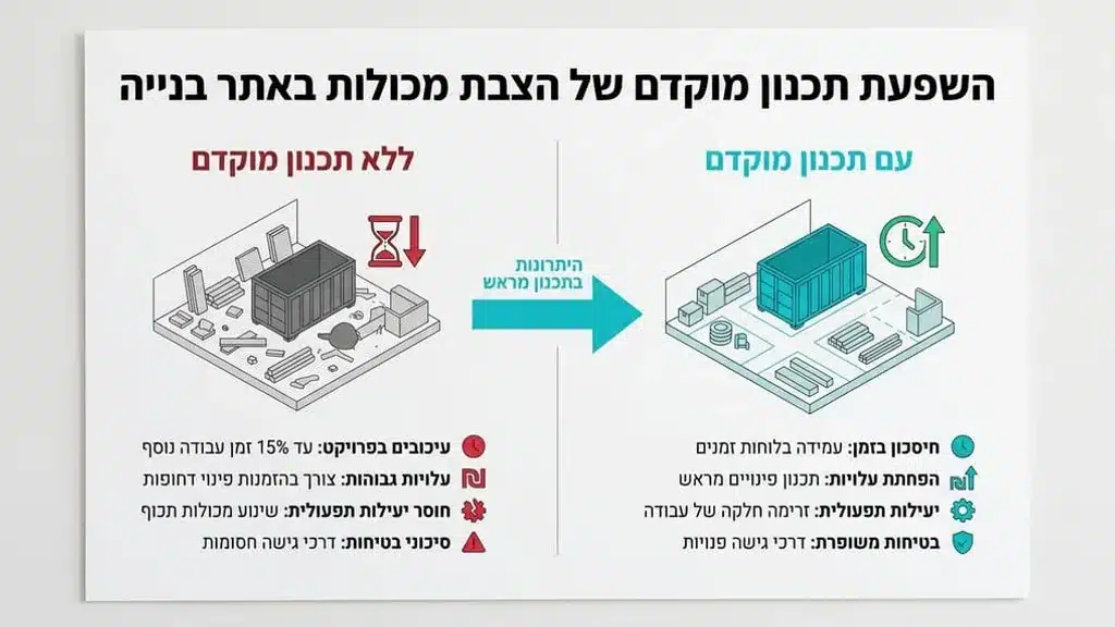 אחרי הפסקה המסבירה על תכנון מוקדם של הצבת מכולות בשלבי הבניה השונים מכולה לפינוי פסולת באתר בניה