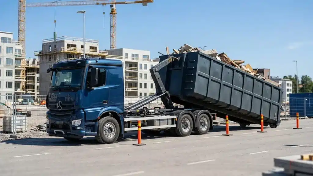 משאית מפנה מכולת פסולת מאתר בניה