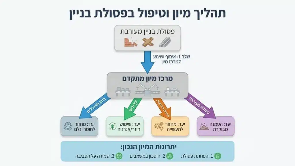 טרקטור צהוב מעמיס שאריות בנייה לתוך מכולה גדולה
